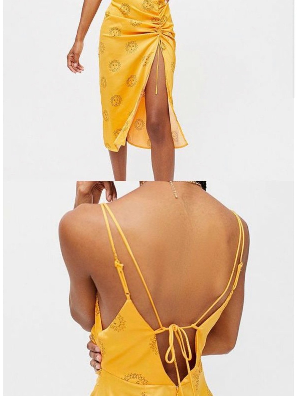 Urban Outfitters Yellow Sun-Print Ruched Midi Slip Dress